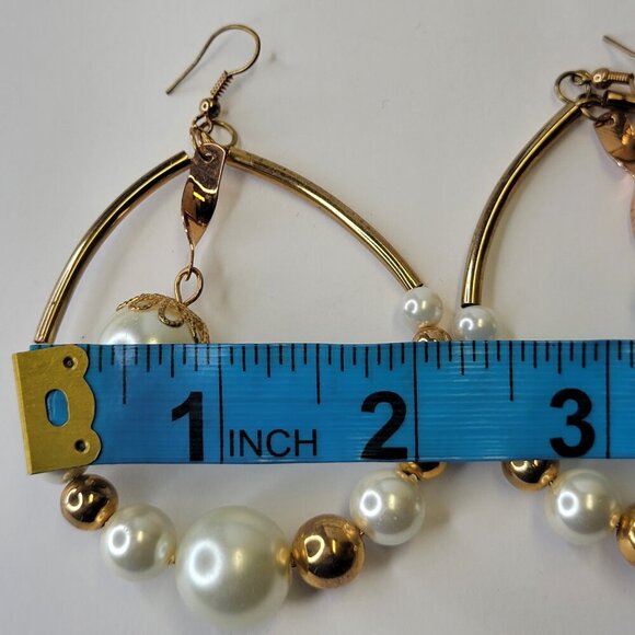 Gold Beads and White Pearl Large Hook Earrings - Picture 6 of 9